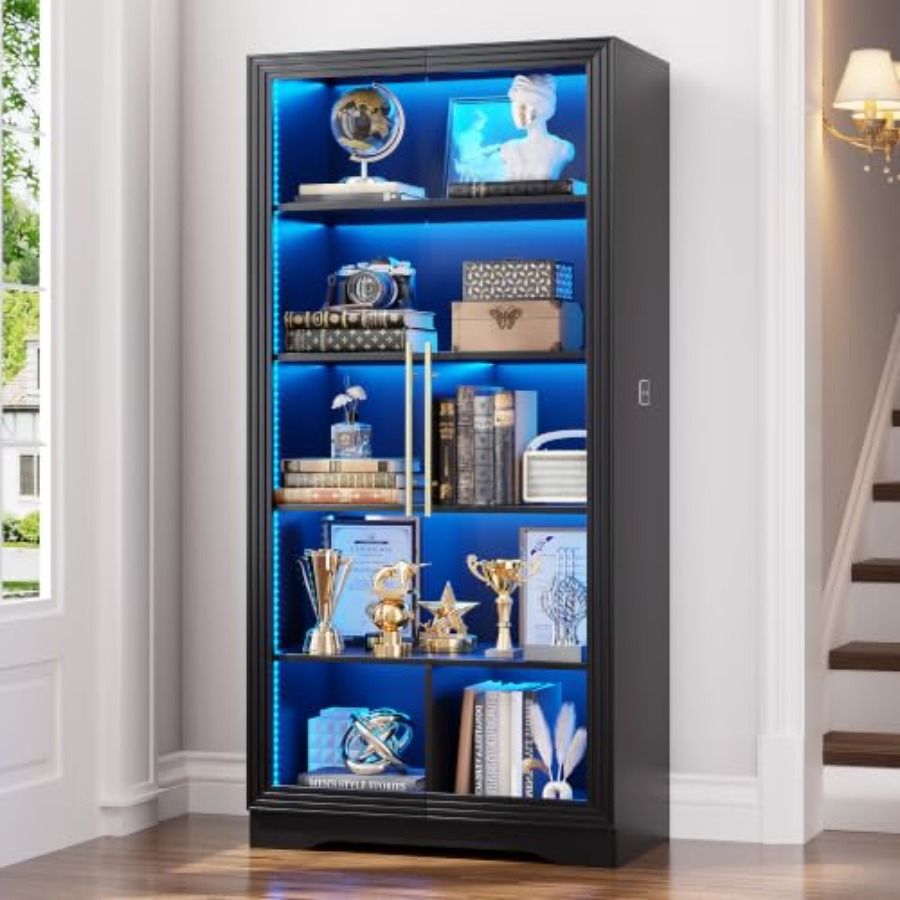 Bookcase Wood Shelf - خزانة كتب بأبواب زجاجية وإضاءة LED