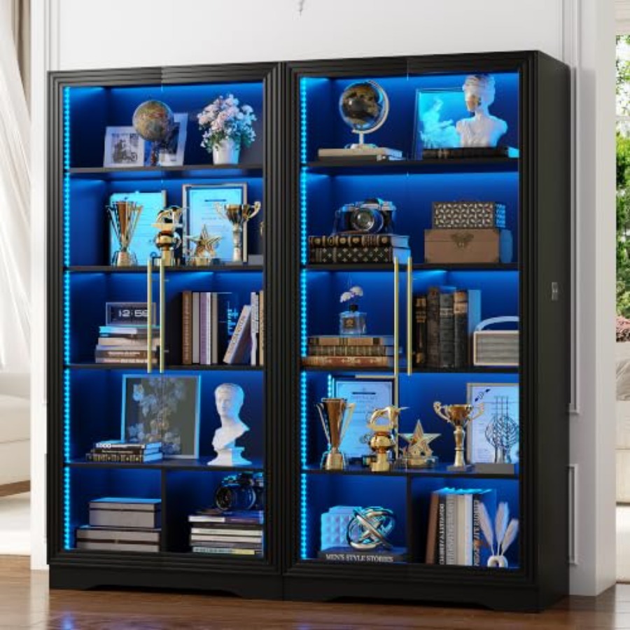 خزانة كتب بأبواب زجاجية وإضاءة - مراجعة Bookcase Wood Shelf وسعره