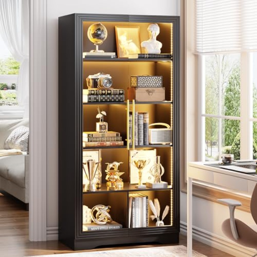 خزانة كتب بأبواب زجاجية وإضاءة - مراجعة Bookcase Wood Shelf وسعره
